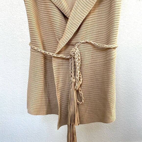 Kobi Halperin Tan Sleeveless Shawl Collar Draped Cotton Cardigan, Size L - Picture 2 of 7
